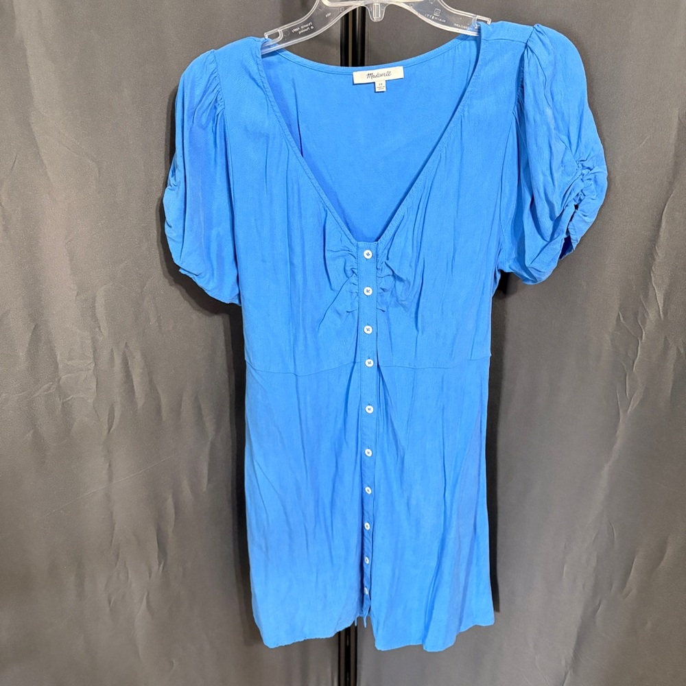 Madewell Puff-Sleeve V-Neck Dress Size 10 Cerulean Blue Lyocell Blend